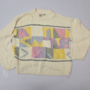 Radishes Roses Cream Geometric Pastel Knit Metallic Sweater Women Size L